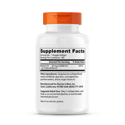 Doctor's Best Vitamin D3, 50 mcg (2,000 IU), 180 Veggie Softgels
