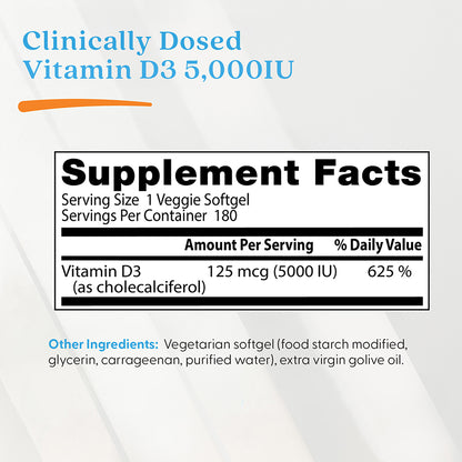Doctor's Best Vitamin D3, 125 mcg (5,000 IU), 180 Veggie Softgels