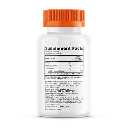 Doctor's Best Doc's Kids, Vitamin D3 Gummies, All Natural Fruit, 25 mcg (1,000 IU), 60 Natural Fruit Pectin Gummies