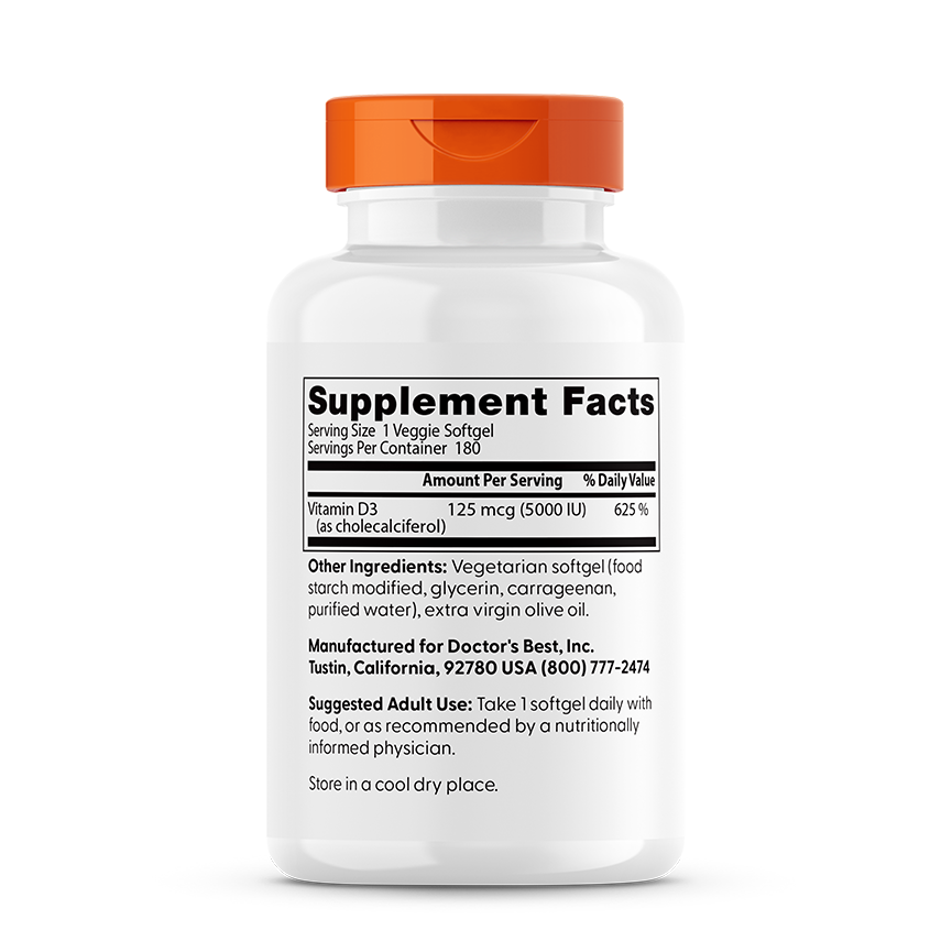 Doctor's Best Vitamin D3, 125 mcg (5,000 IU), 180 Veggie Softgels