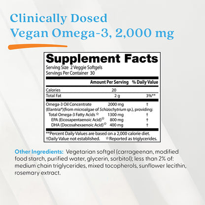 Doctor's Best Vegan Omega-3, 2,000 mg, 6 Veggie Softgels (1,000 mg per Softgel)