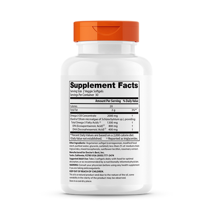Doctor's Best Vegan Omega-3, 2,000 mg, 6 Veggie Softgels (1,000 mg per Softgel)