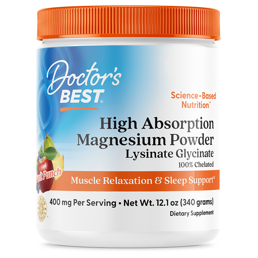 Doctor's Best High Absorption Magnesium Powder Lysinate Glycinate 100% Chelated, 400 mg Per Serving, Fruit Punch, 12.1 oz (340 g)