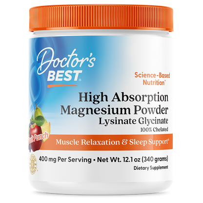 Doctor's Best High Absorption Magnesium Powder Lysinate Glycinate 100% Chelated, 400 mg Per Serving, Fruit Punch, 12.1 oz (340 g)