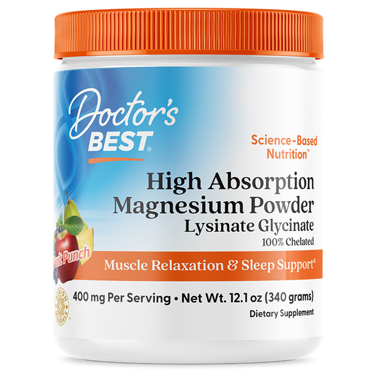 Doctor's Best High Absorption Magnesium Powder Lysinate Glycinate 100% Chelated, 400 mg Per Serving, Fruit Punch, 12.1 oz (340 g)