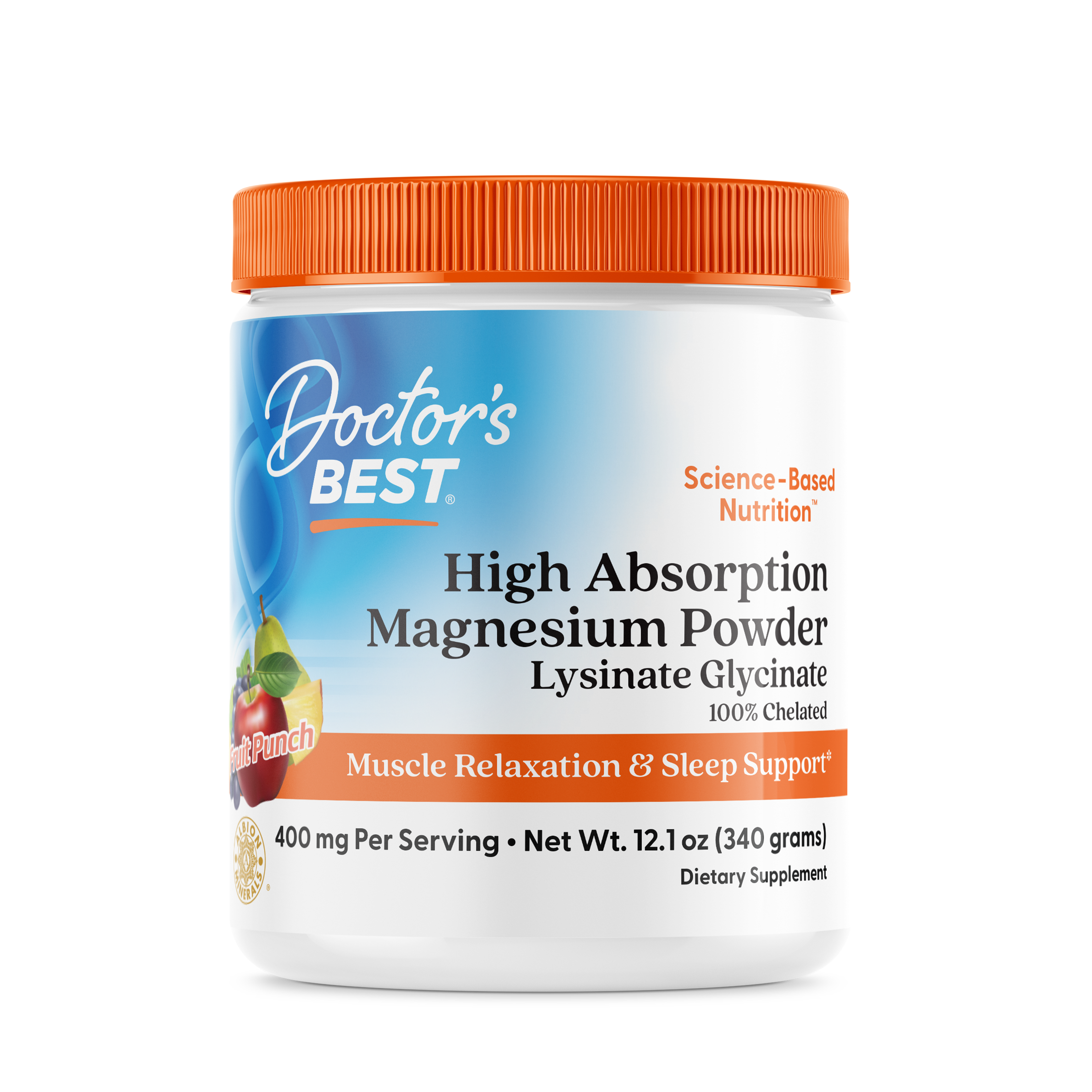 Doctor's Best High Absorption Magnesium Powder Lysinate Glycinate 100% Chelated, 400 mg Per Serving, Fruit Punch, 12.1 oz (340 g)