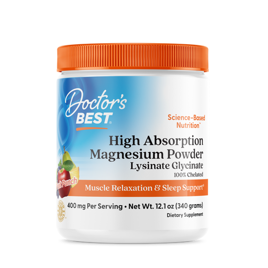 Doctor's Best High Absorption Magnesium Powder Lysinate Glycinate 100% Chelated, 400 mg Per Serving, Fruit Punch, 12.1 oz (340 g)