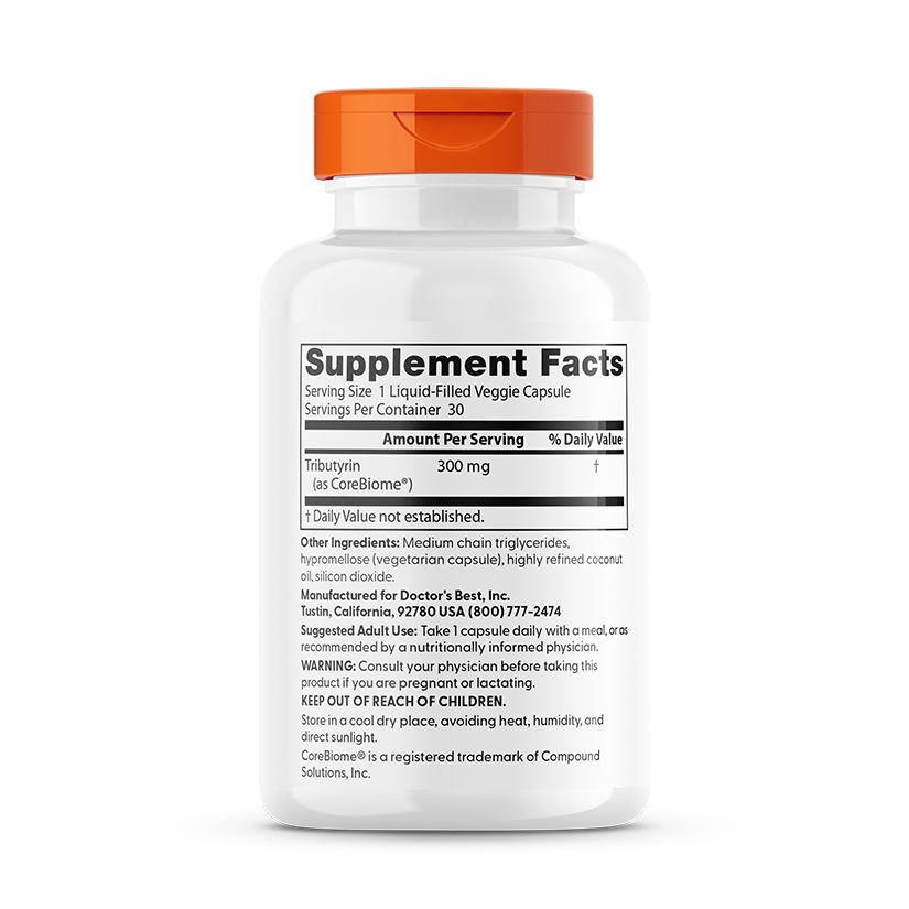 Doctor's Best High Absorption Postbiotic Butyrate, 300 mg, 30 Liquid-Filled Veggie Capsules