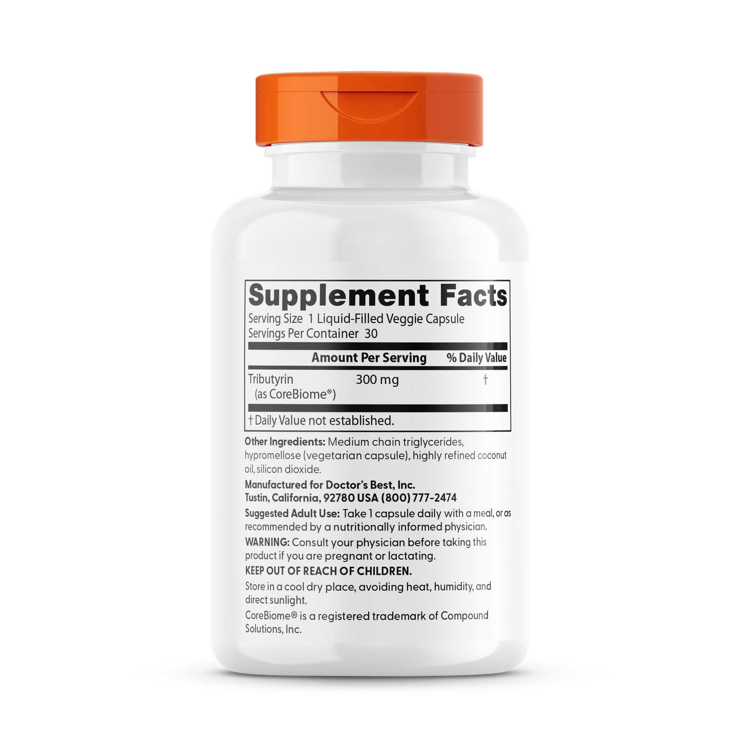 Doctor's Best High Absorption Postbiotic Butyrate, 300 mg, 30 Liquid-Filled Veggie Capsules