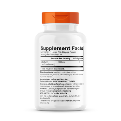 Doctor's Best High Absorption Postbiotic Butyrate, 300 mg, 30 Liquid-Filled Veggie Capsules