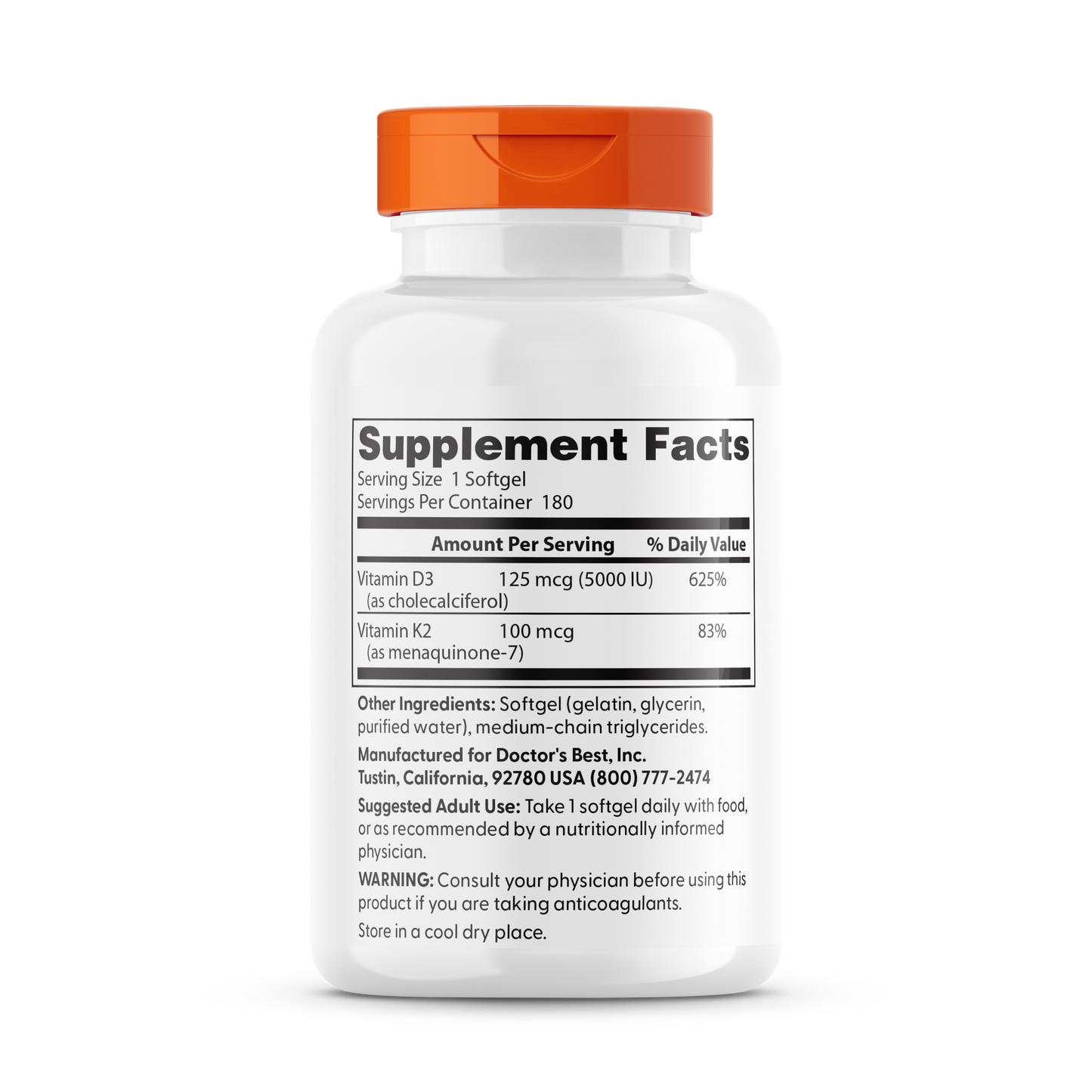 Doctor's Best Vitamin D3 + K2 MK-7, 180 Softgels