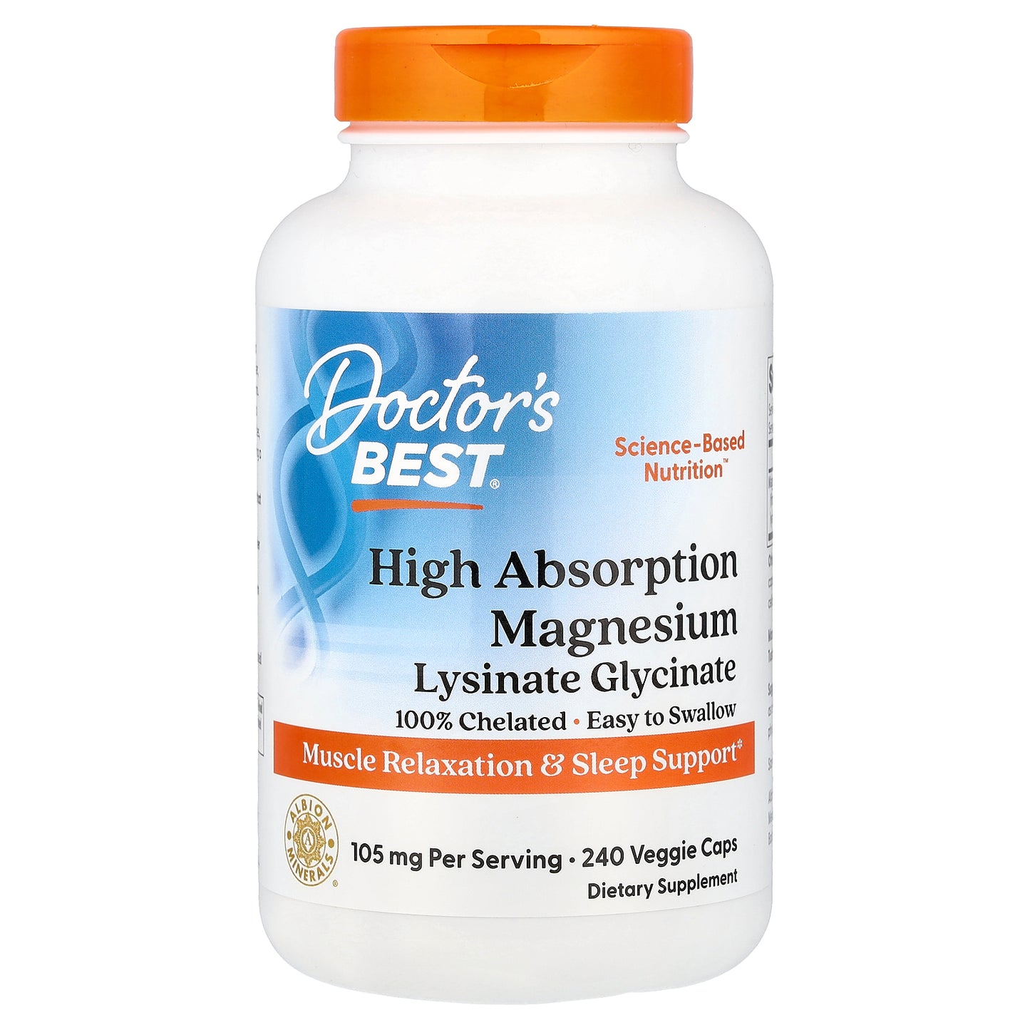 Doctor's Best Magnesium Lysinate Glycinate, High Absorption, 240 Veggie Caps (52.5 mg per Capsule)