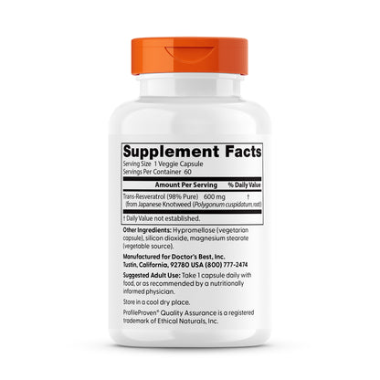 Doctor's Best Trans-Resveratrol 600, 600 mg, 60 Veggie Caps